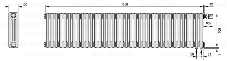 Схема (чертеж) Радиатор Zehnder Charleston 3050/36 №V002 Белый глянцевый RAL 9016